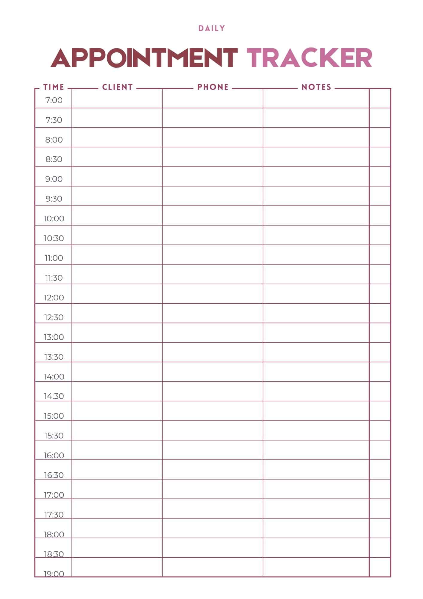 daily appointment tracker bullet journal page with time client phone and notes columns
