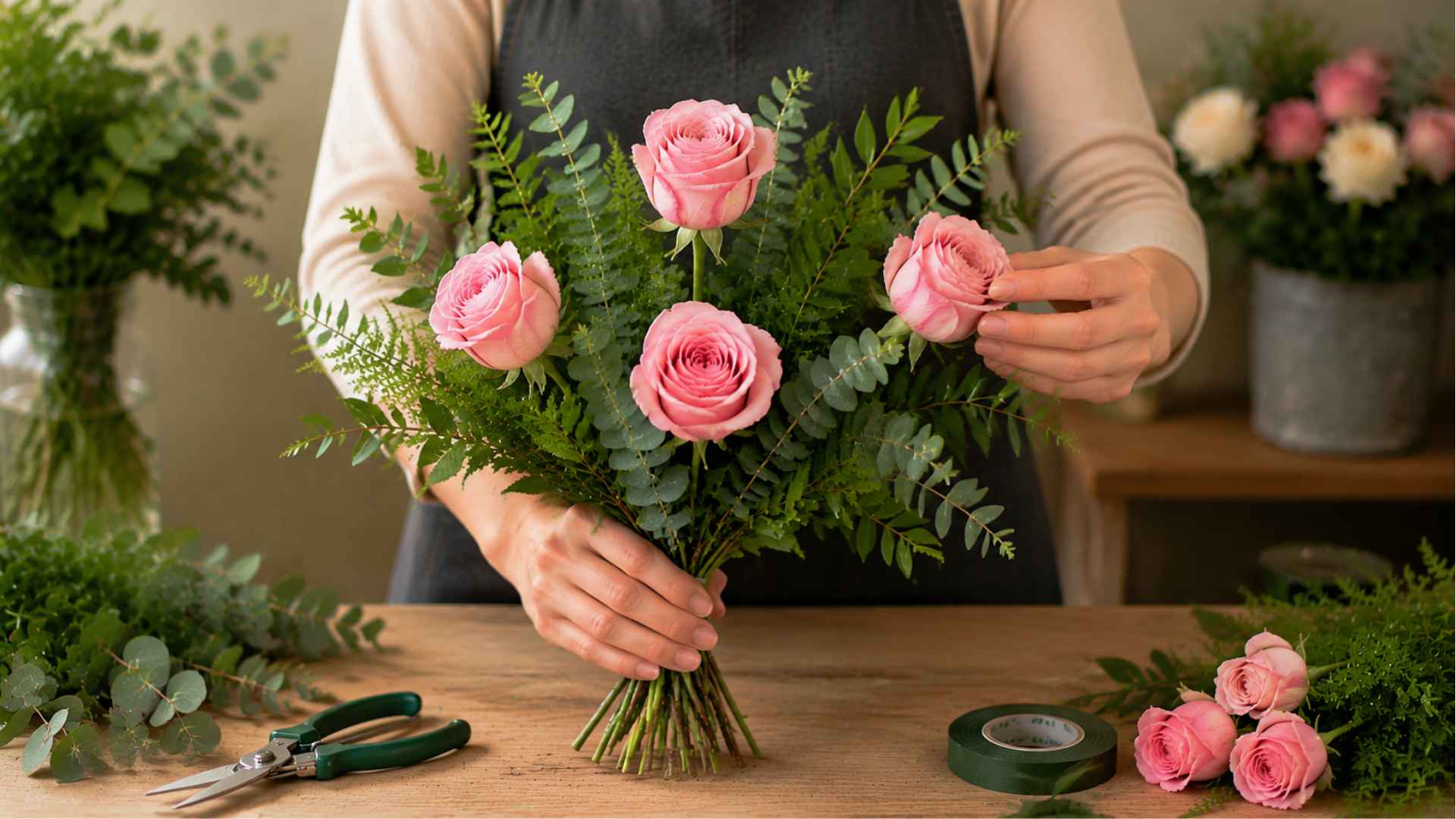 Florist placing pink roses into bouquet base