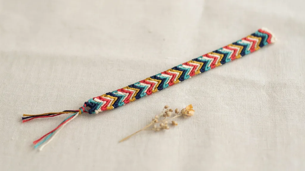 Colorful arrowhead friendship bracelet with repeating V-shaped pattern on a light fabric background.