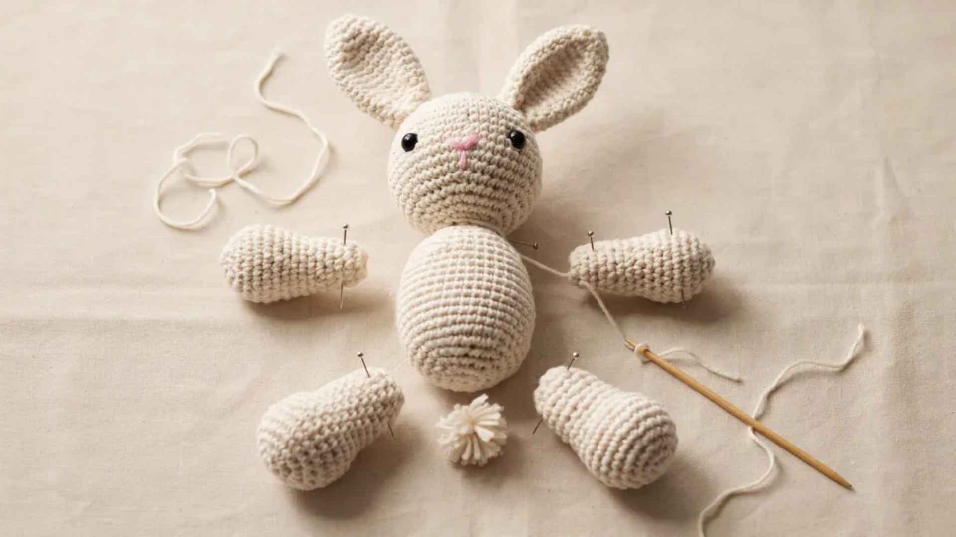 Crochet animal parts pinned together before sewing showing amigurumi assembly layout on neutral background