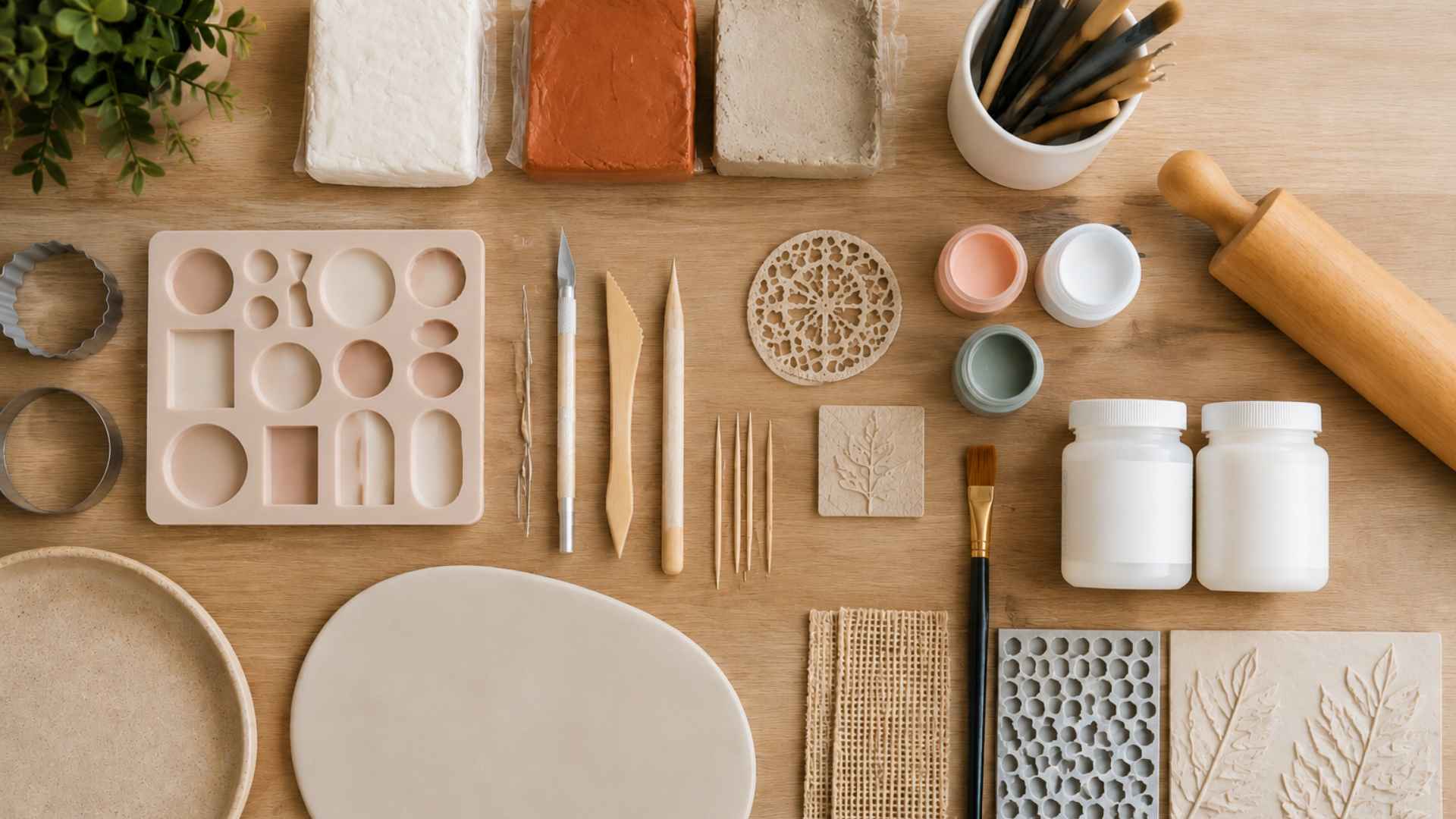Top-down flat lay of clay tools, molds, and supplies on wood.
