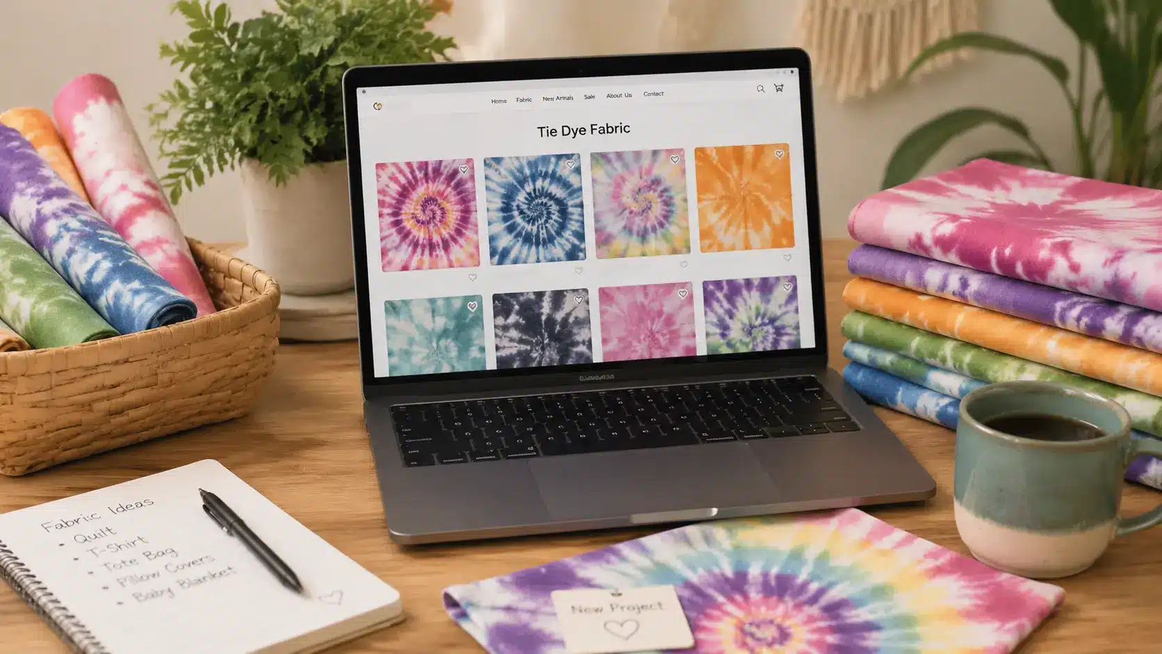 Tie-dye fabric displayed on an online store website with folded fabric stacks, sewing supplies, and a home workspace.