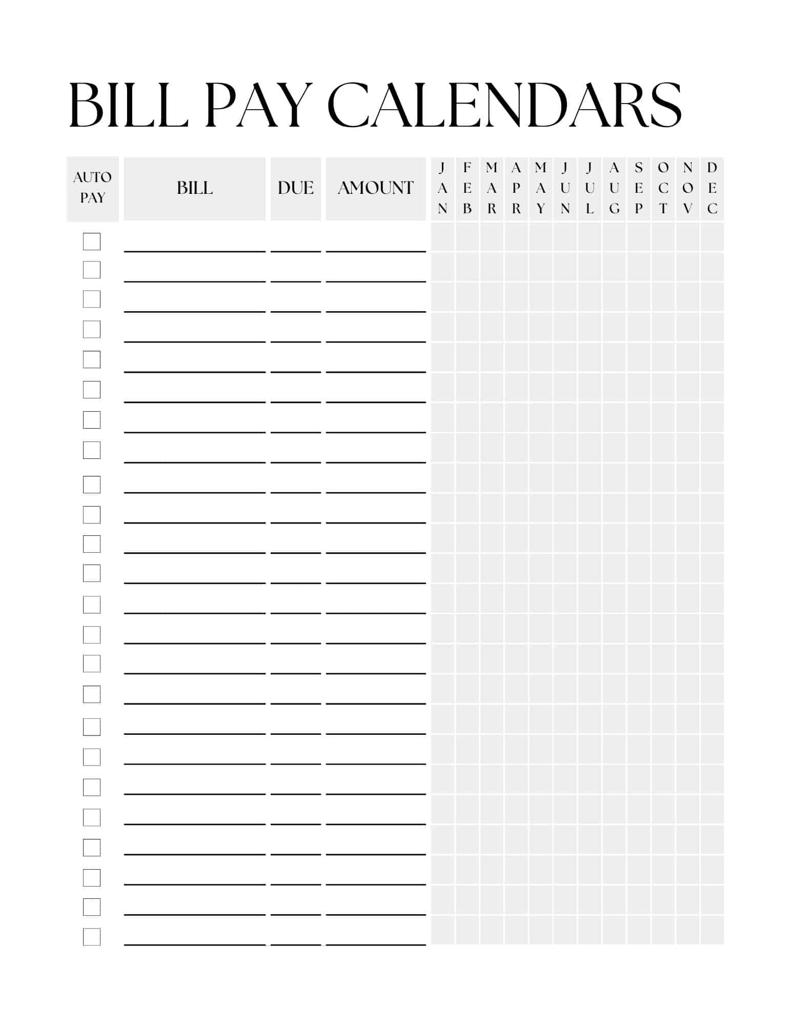 bill pay calendar bullet journal layout with columns for auto pay bill due amount and months from january to december