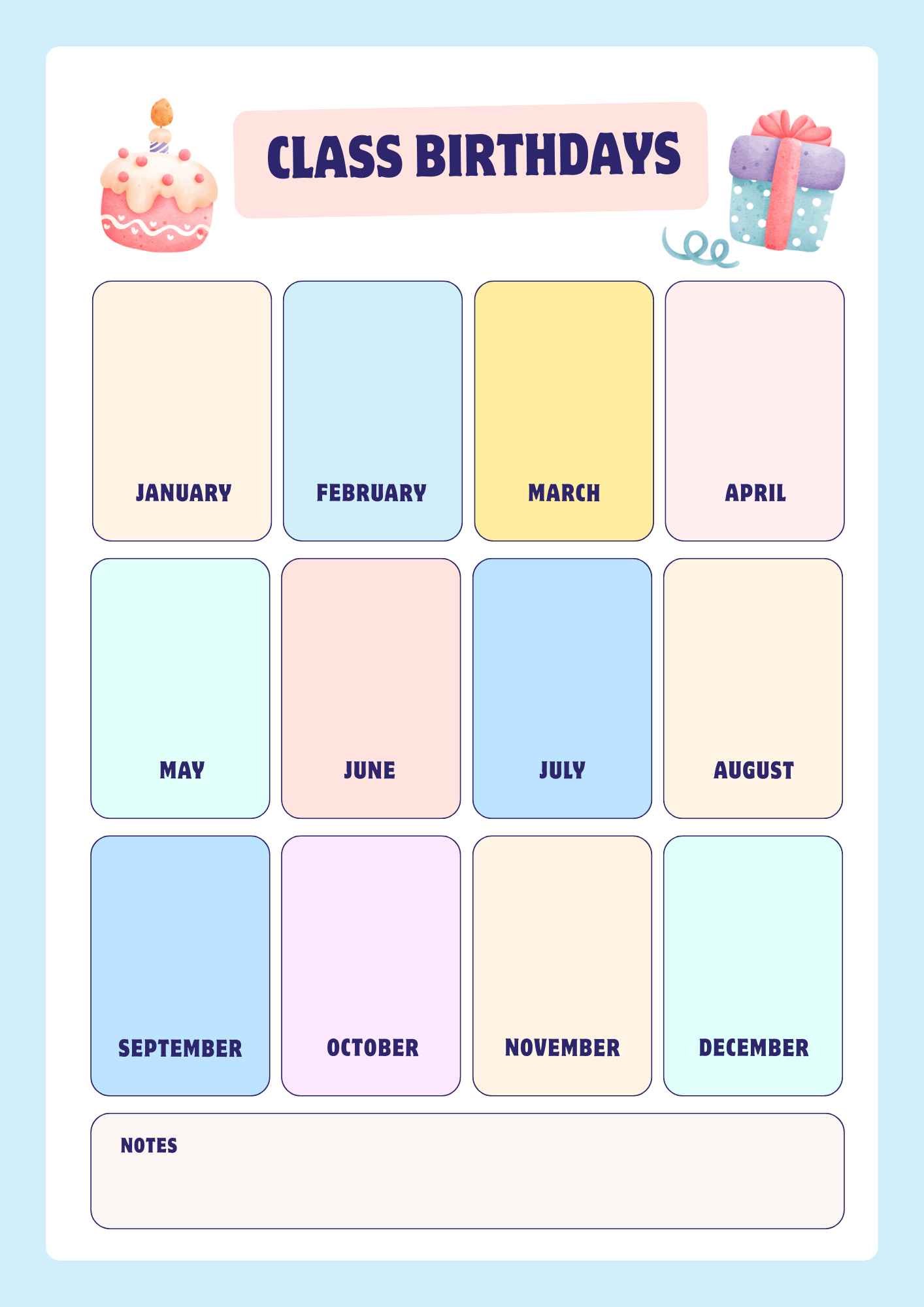 monthly calendar for class birthdays with each month in a colored box and space for notes