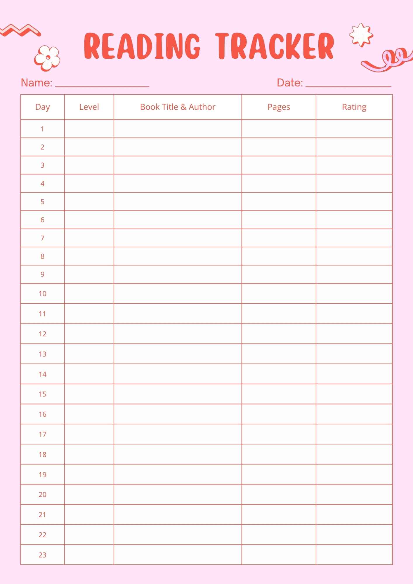 pink reading tracker with table for day level book title pages and rating