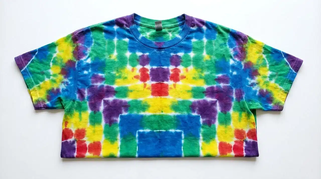 Tie dye shirt with square geometric box fold design and colorful mirrored patterns