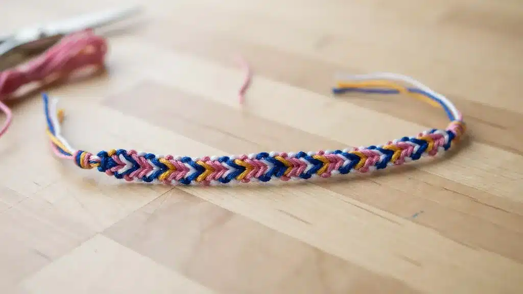 Braided friendship bracelet finish with colorful embroidery floss and neatly tied ends on a wooden table.