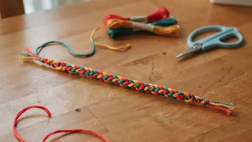Pastel braided friendship bracelet with pearl and crystal beads on a white wooden surface.