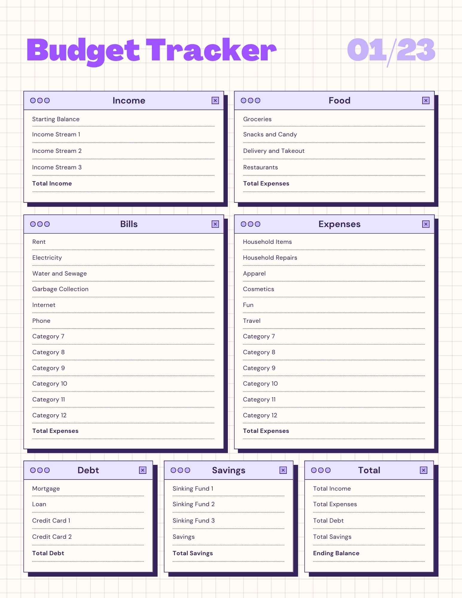 budget tracker bullet journal layout with sections for income food bills expenses debt savings and total with grid background