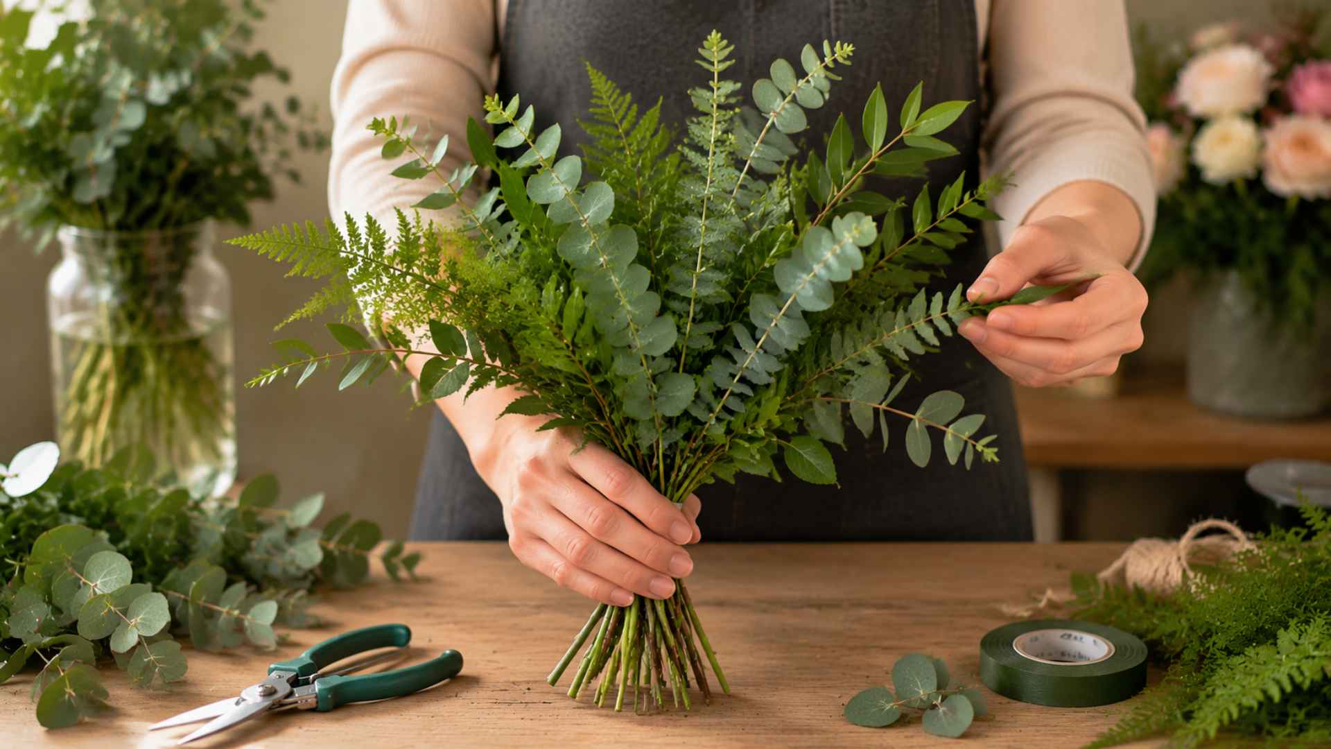 Arranging greenery base for a fresh floral bouquet