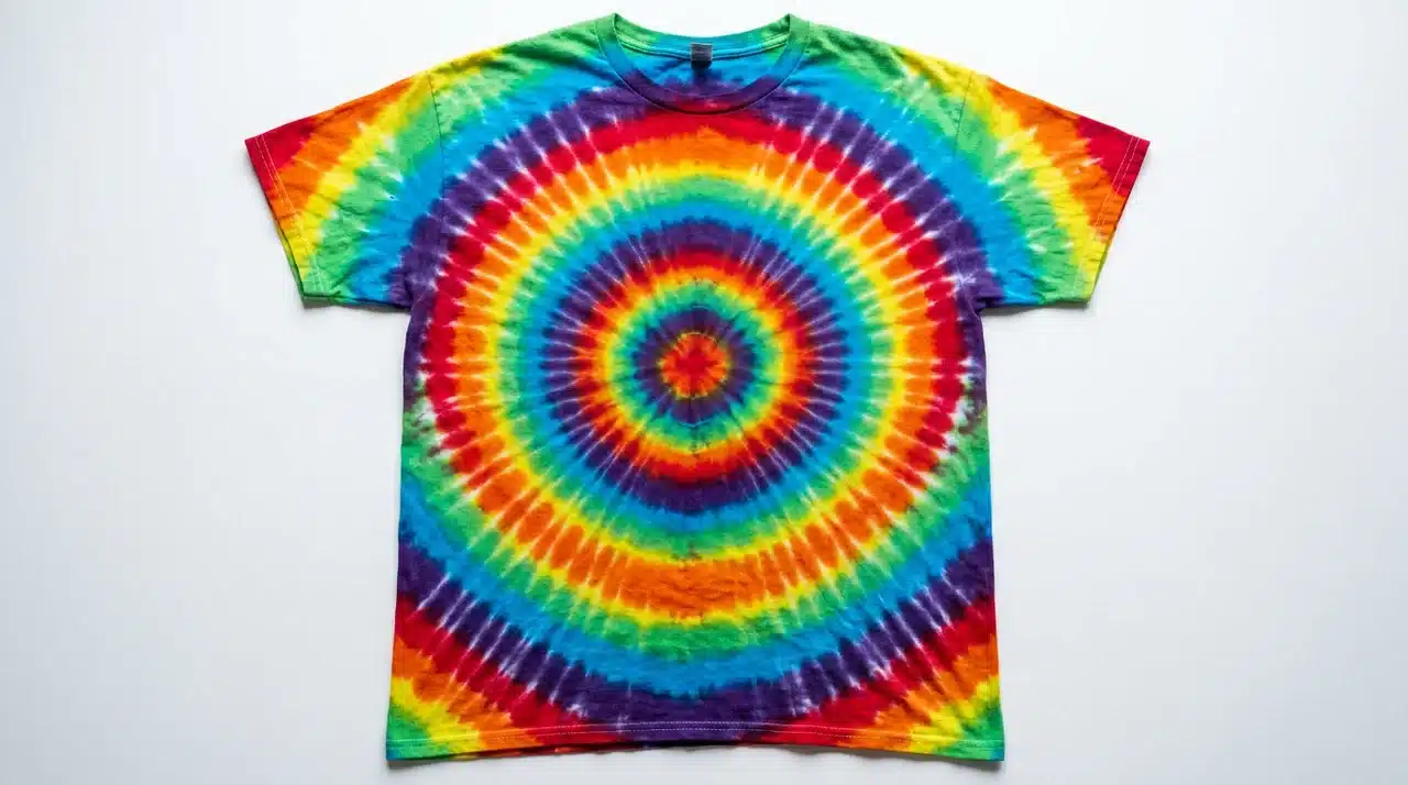 Tie dye shirt featuring bright concentric rainbow rings radiating from the center