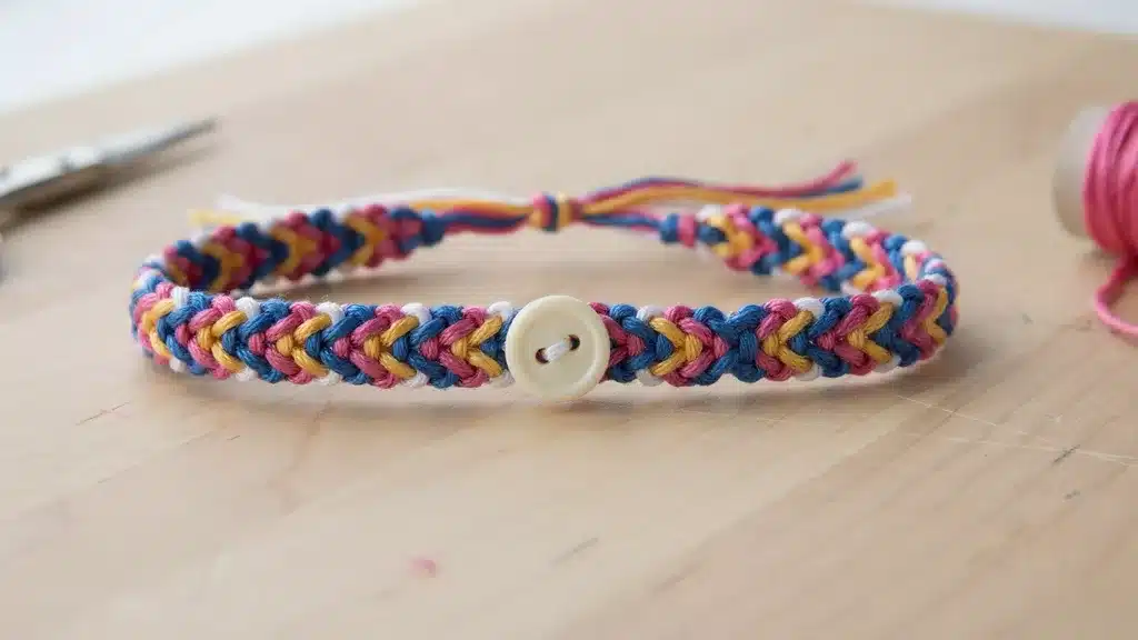 Friendship bracelet with a button closure, woven in pink, blue, white, and yellow embroidery floss.