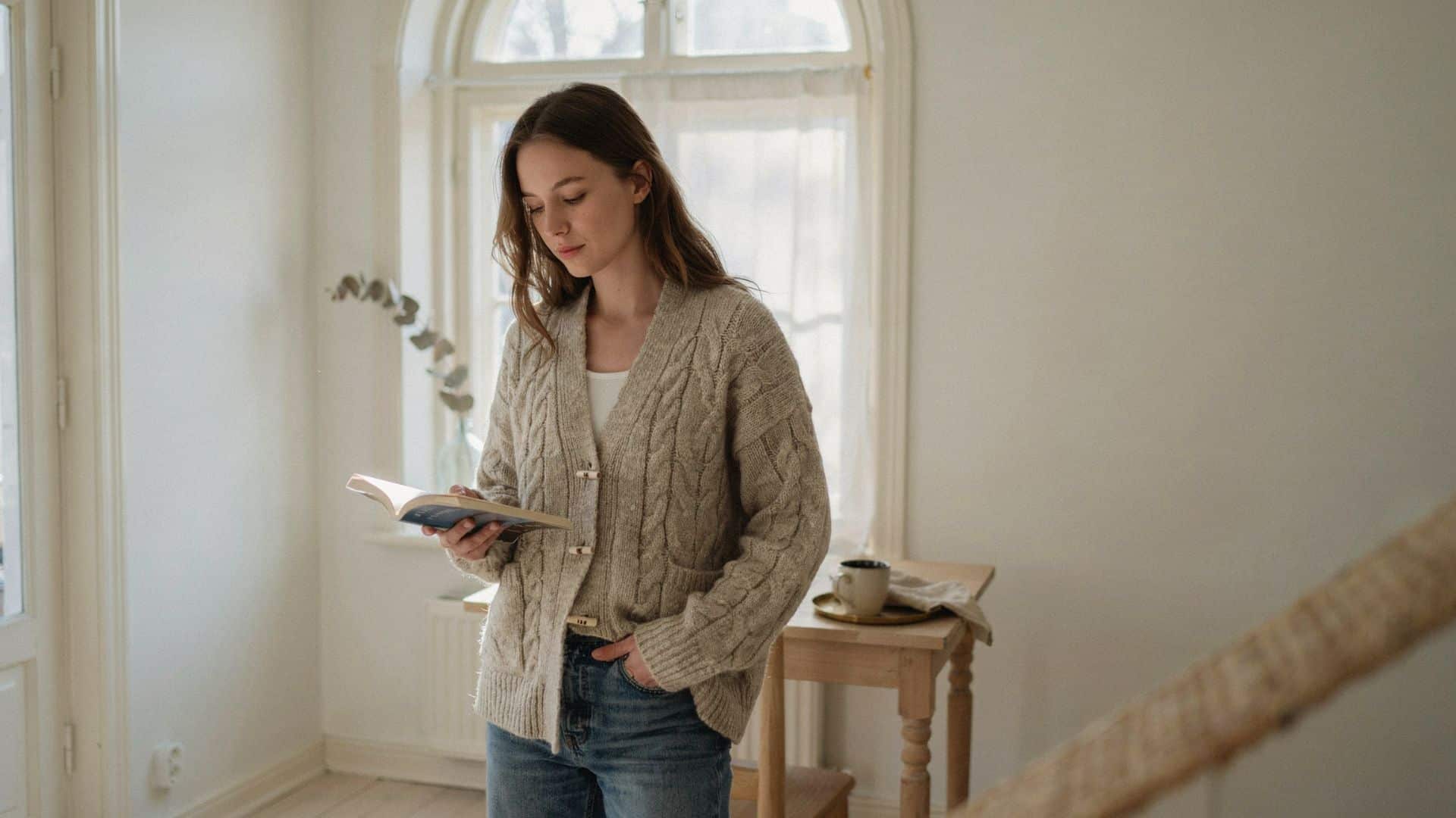 A cable knit cardigan made from thick textured yarn, featuring a classic cable pattern running throughout the fabric, a button-front closure, ribbed cuffs and hem, and a warm, structured fit ideal for layering in cooler weather.