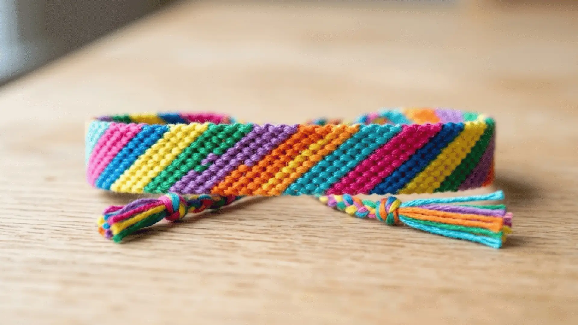 Colorful candy stripe friendship bracelet with diagonal embroidery floss stripes.