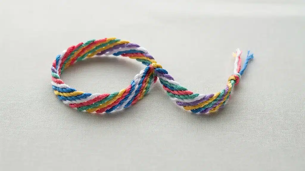 Twisted rainbow candy stripe friendship bracelet arranged in a loop on a neutral fabric surface.