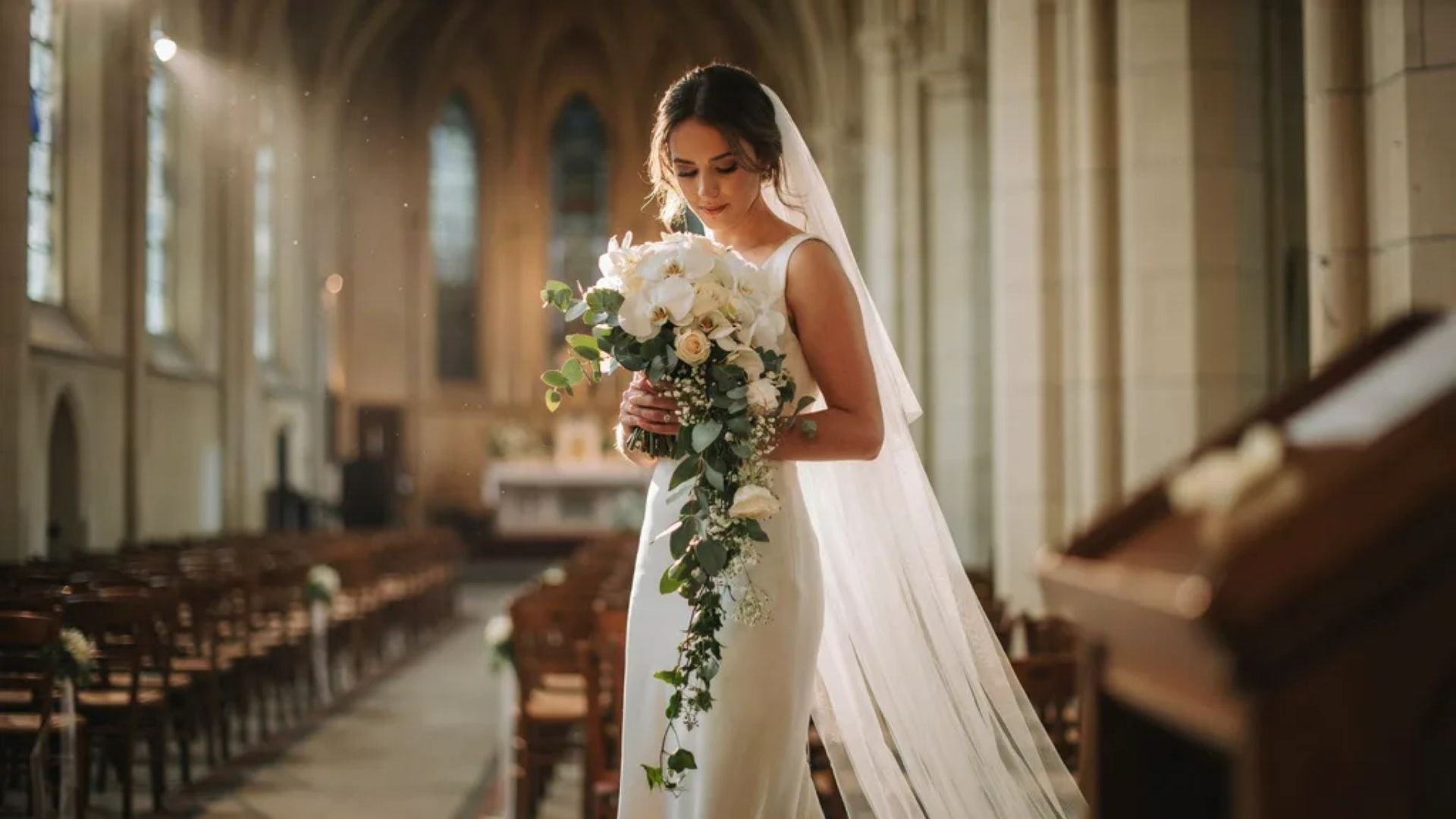 A cascading wedding bouquet with flowing white orchids and greenery held by bride in formal gown at wedding venue