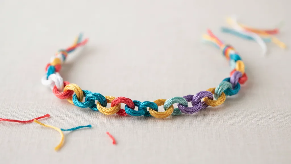 Colorful chain link friendship bracelet with interlocking loops on a soft fabric background.