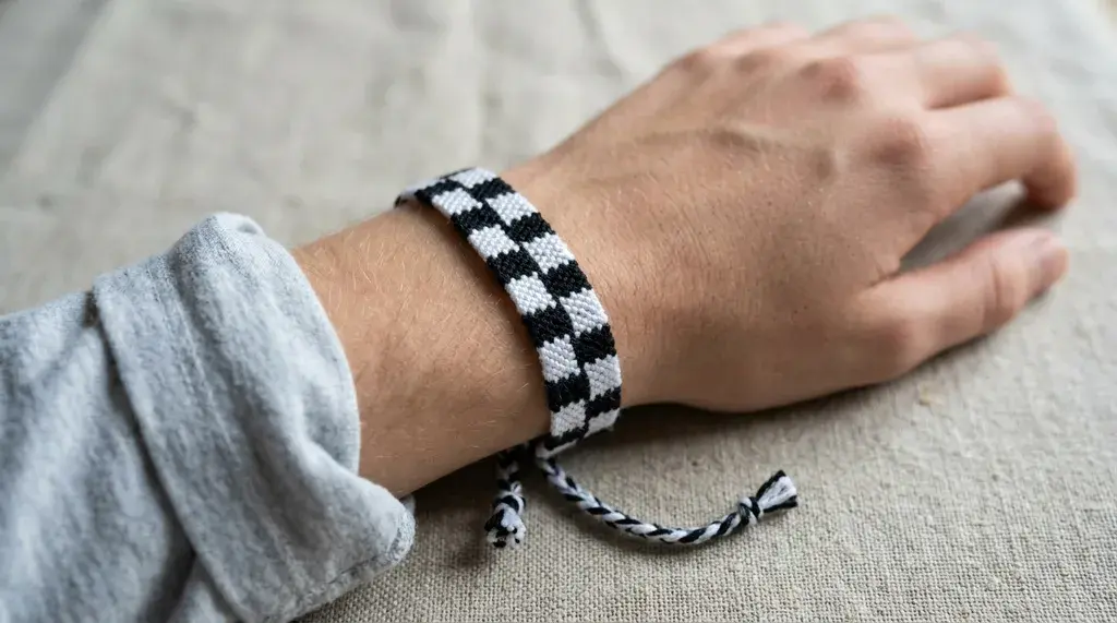 A black-and-white Checkerboard Bracelet worn on a wrist resting on a light textured fabric surface.