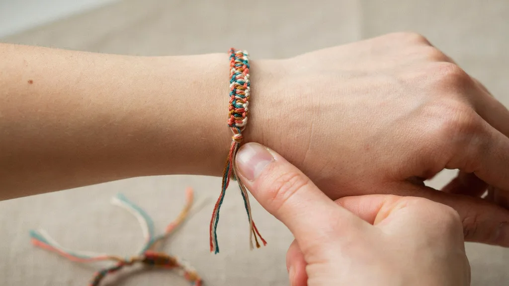 Friendship bracelet adjusted on a wrist with loop closure, showing a comfortable fit before tying.