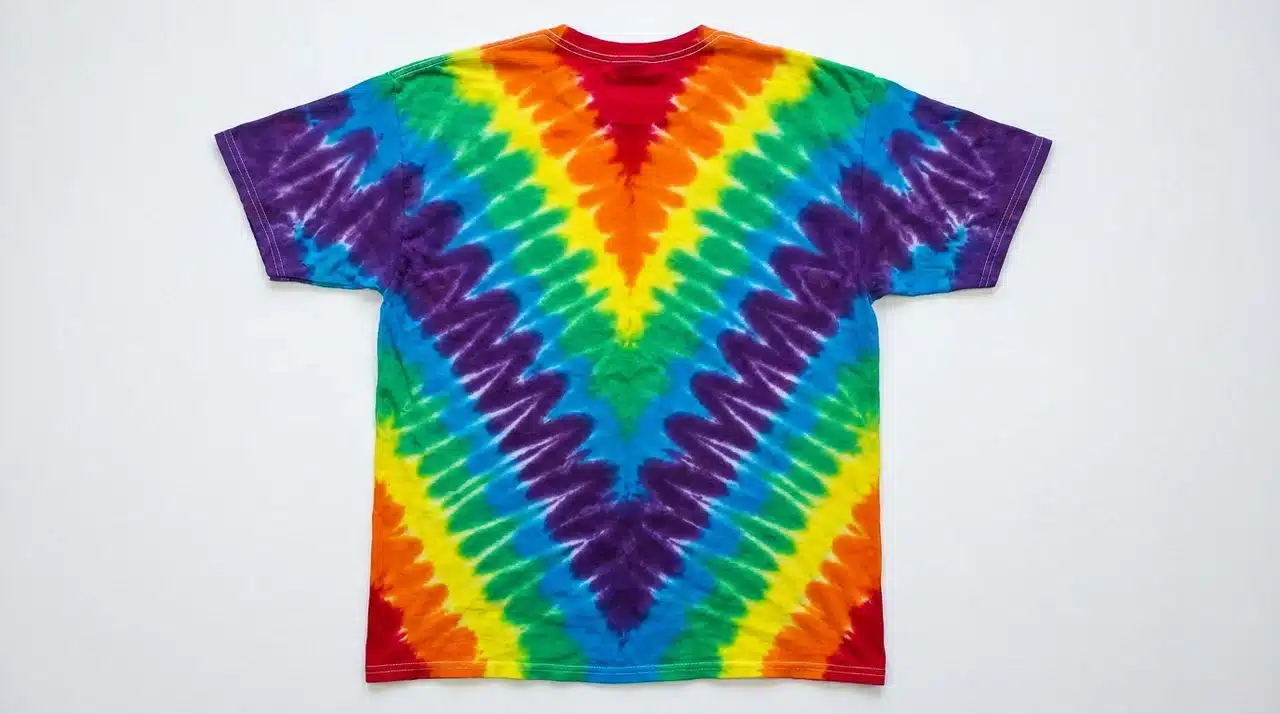 Tie dye shirt featuring a bold rainbow chevron pattern with repeating V-shaped stripes