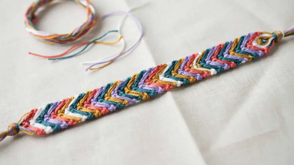 Chevron friendship bracelet with colorful V-shaped stripes on a light fabric background.
