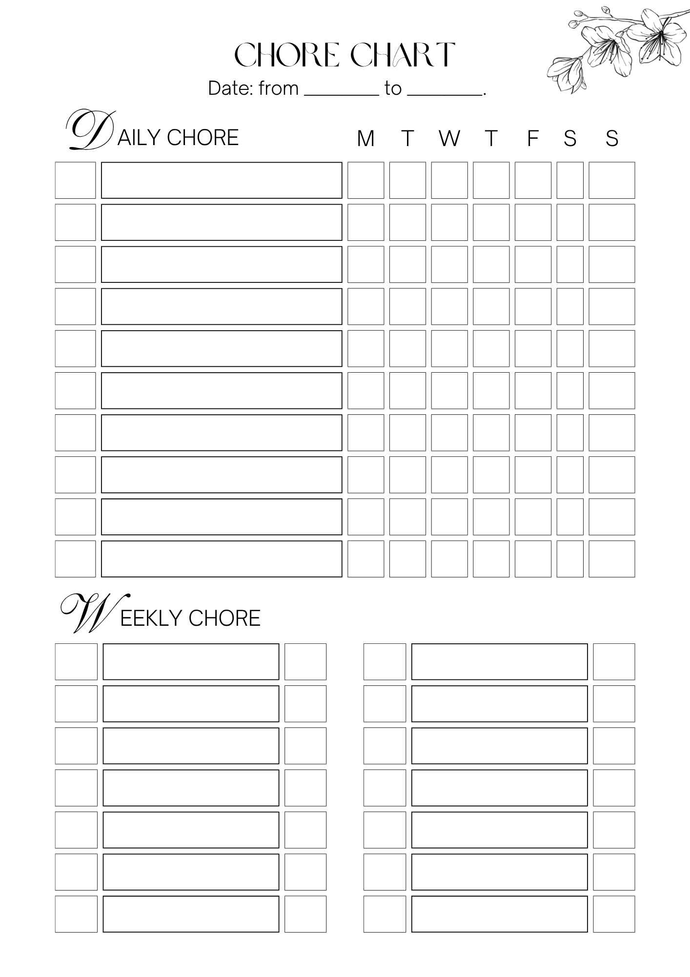 blank weekly chore chart bullet journal layout with daily chore columns for monday to sunday and space to fill date range