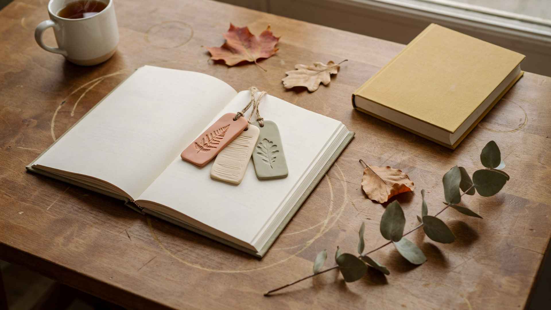 Clay bookmarks with leaf textures beside open books