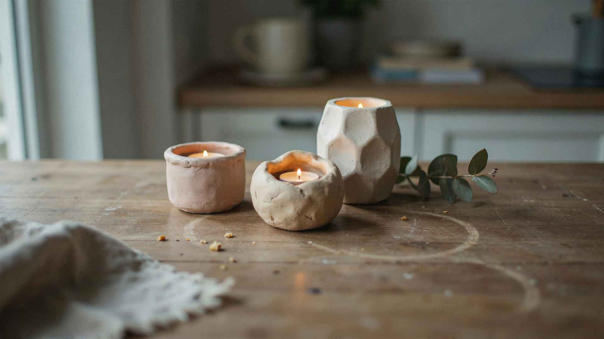 Clay candle holders with warm ambient lighting decor