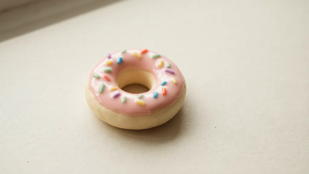 A handmade clay donut charm lying flat on a table with glossy frosting glaze and tiny colorful sprinkles, shown with soft natural lighting and subtle shadow.