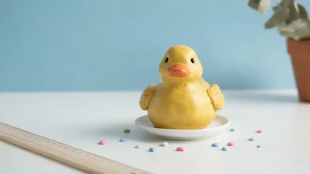 Yellow clay duck figurine with orange beak on white surface, blue background, colorful cheerful handmade craft with soft lighting.