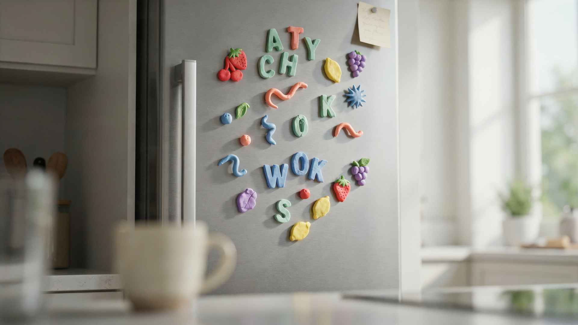Colorful clay fridge magnets on stainless refrigerator