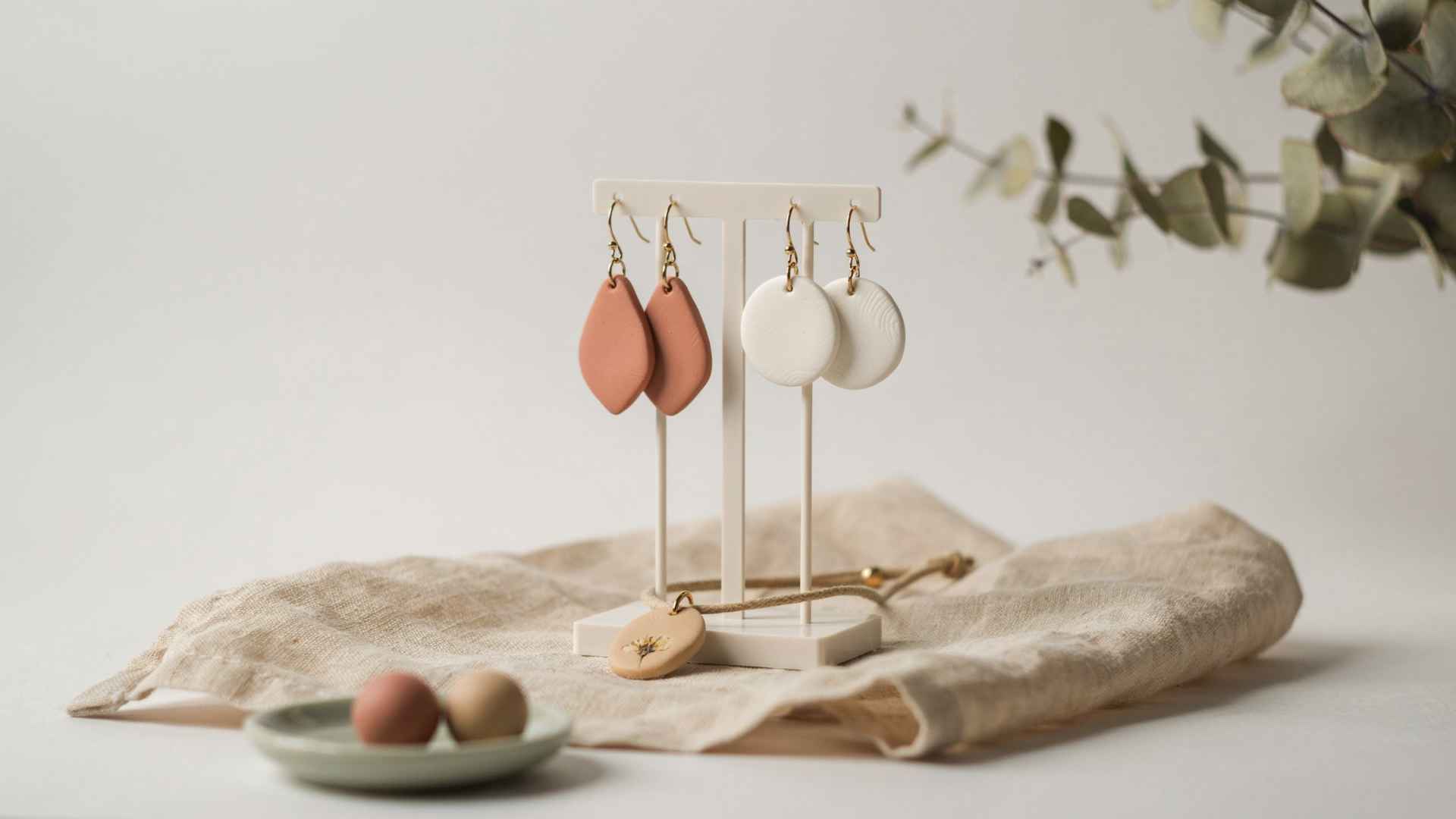 Handmade clay jewelry earrings and pendants display
