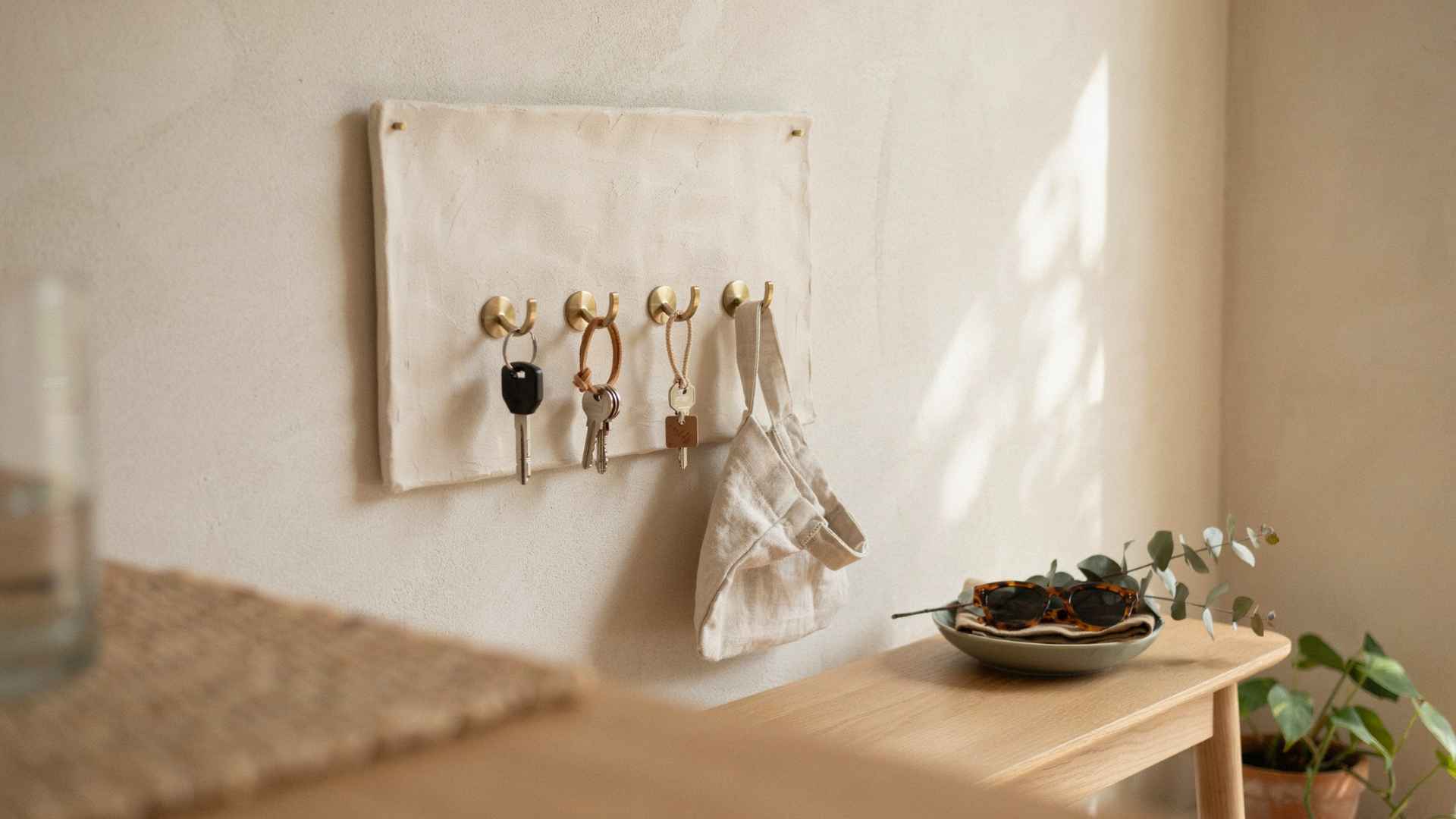 Clay key holder mounted in modern entryway wall decor