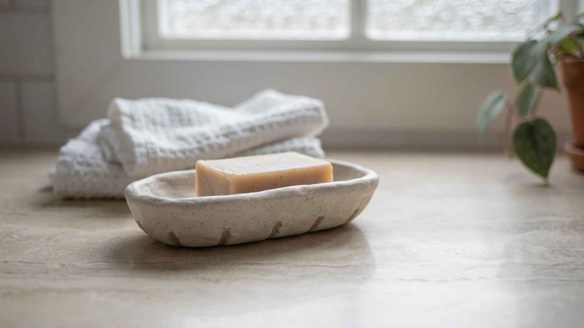 Handmade clay soap dish in minimal bathroom setting
