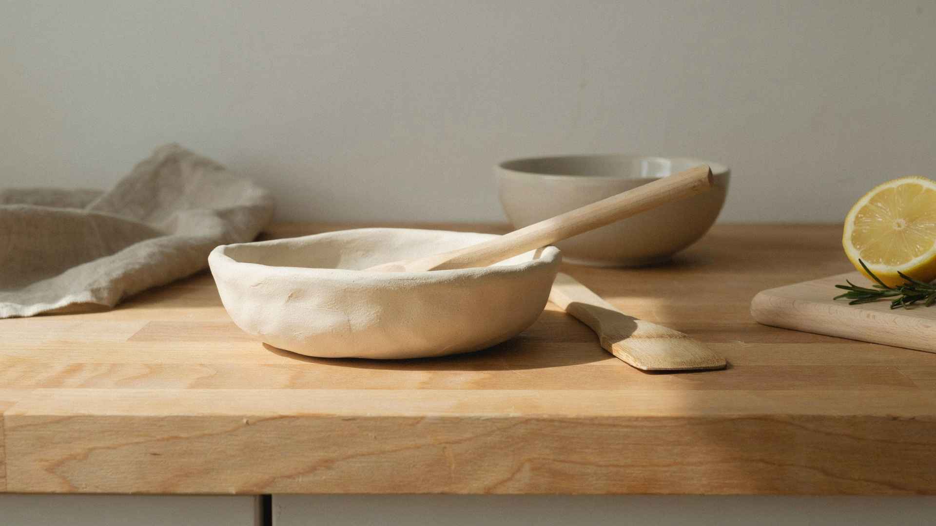 Clay spoon rest on clean modern kitchen countertop
