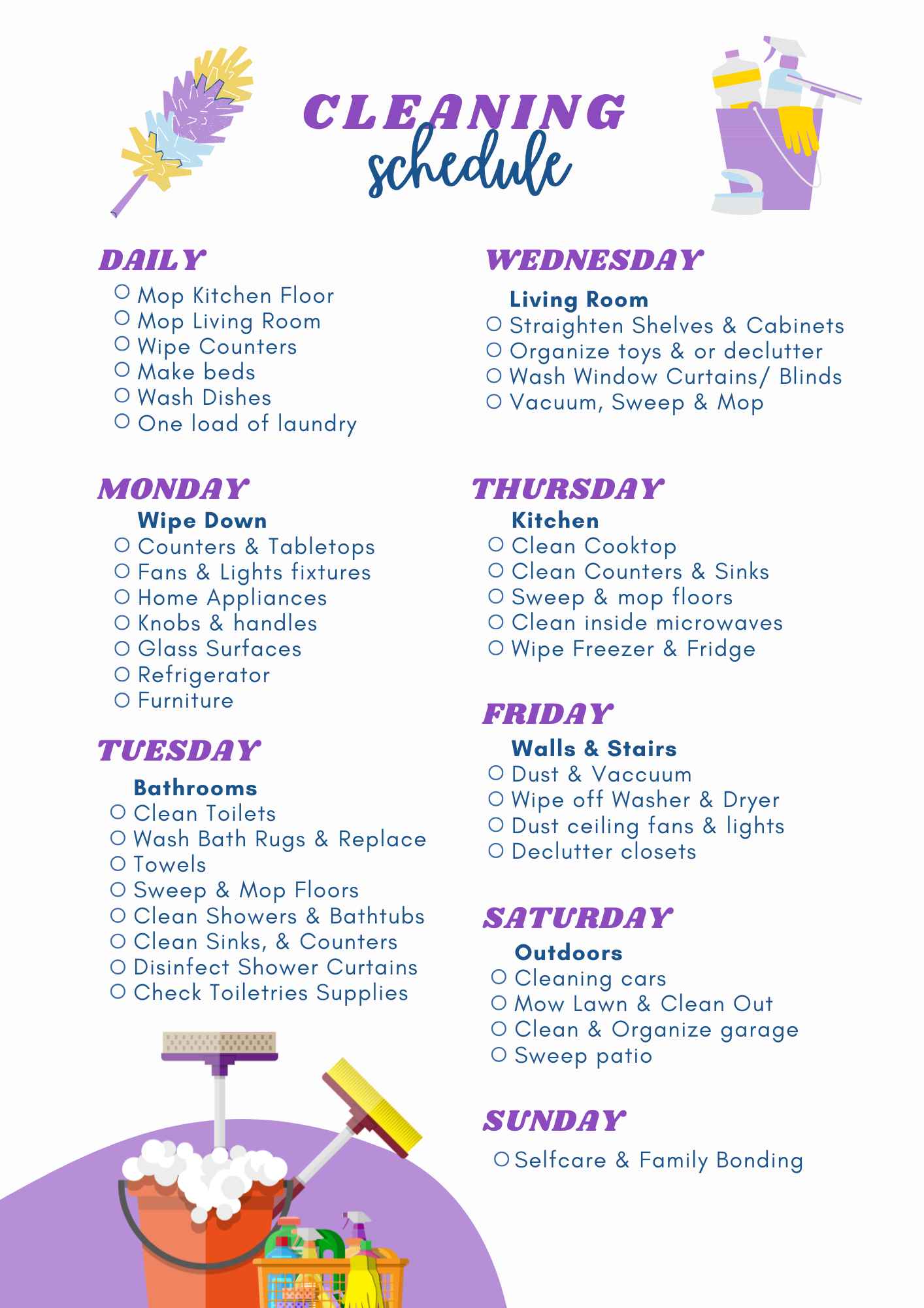 weekly cleaning schedule bullet journal layout with daily monday tuesday wednesday thursday friday saturday sunday tasks and cleaning icons