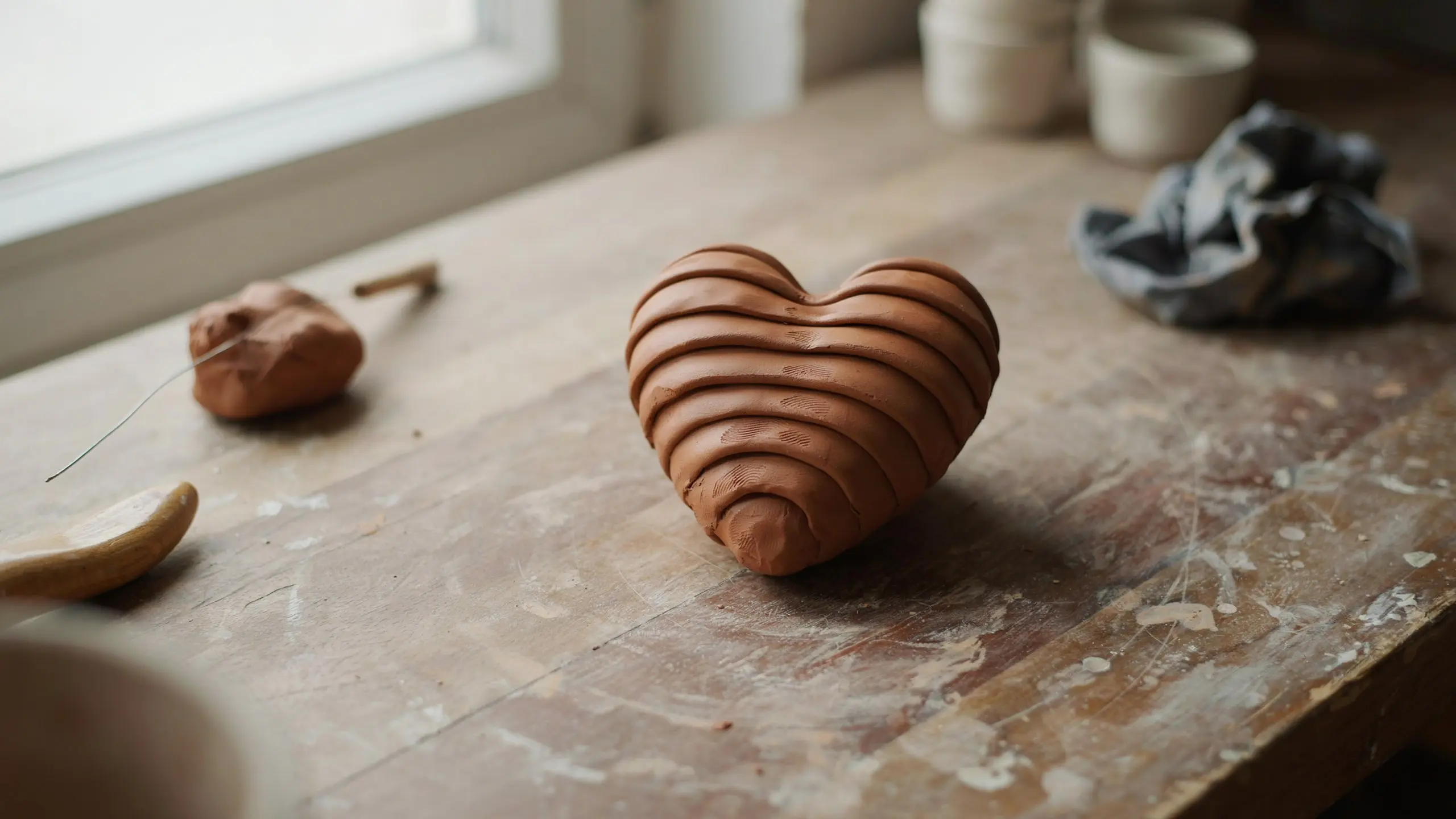 Handmade clay heart formed from coiled clay rope with visible joins and natural imperfections.