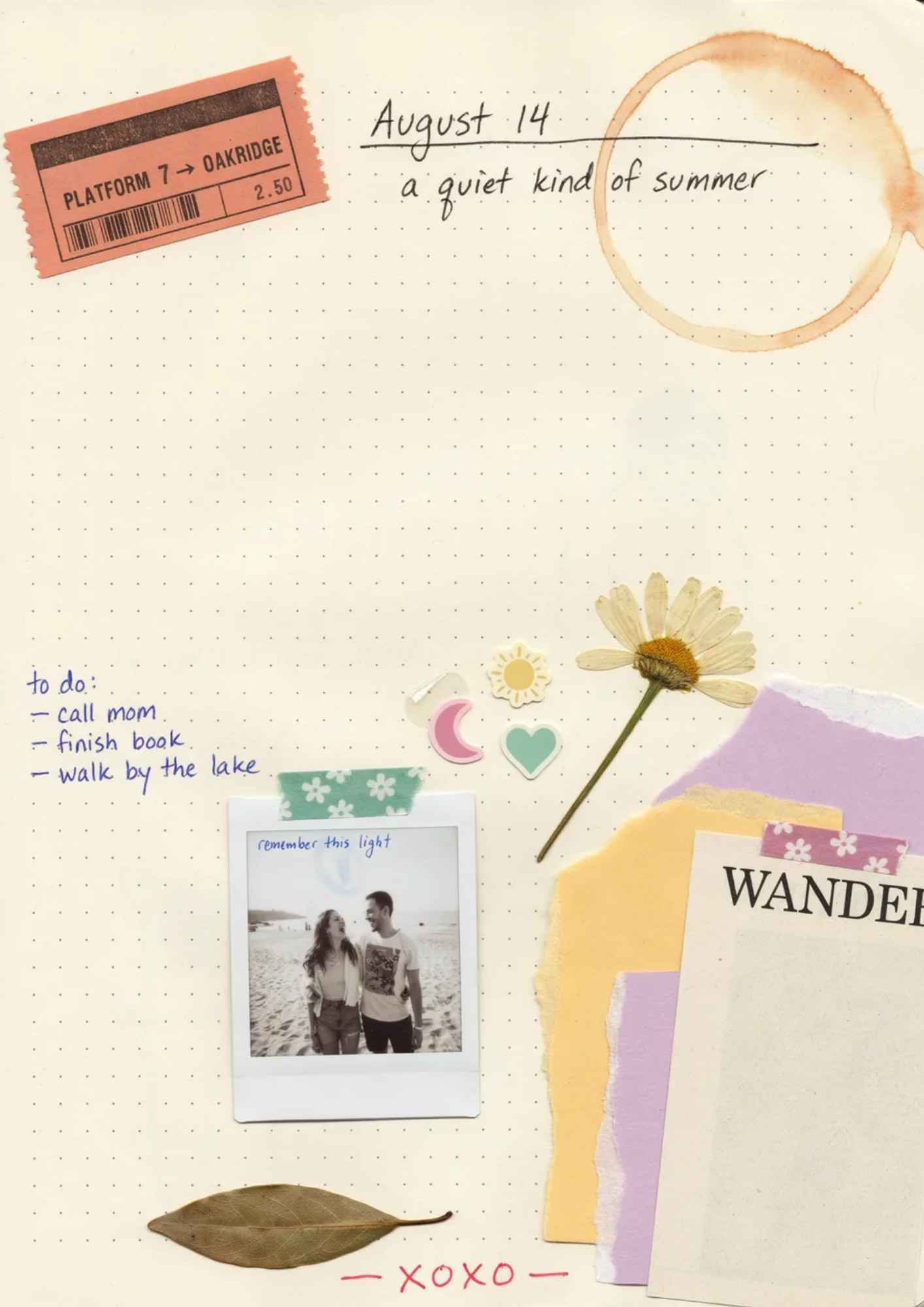 Bullet journal collage page with ticket stubs, paper scraps, images, and handwritten notes, layered creatively