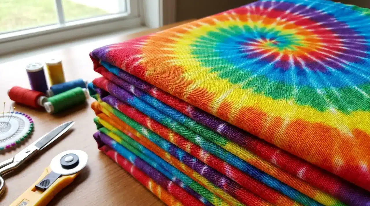 Folded cotton tie dye fabric with bright rainbow spiral pattern and visible woven texture