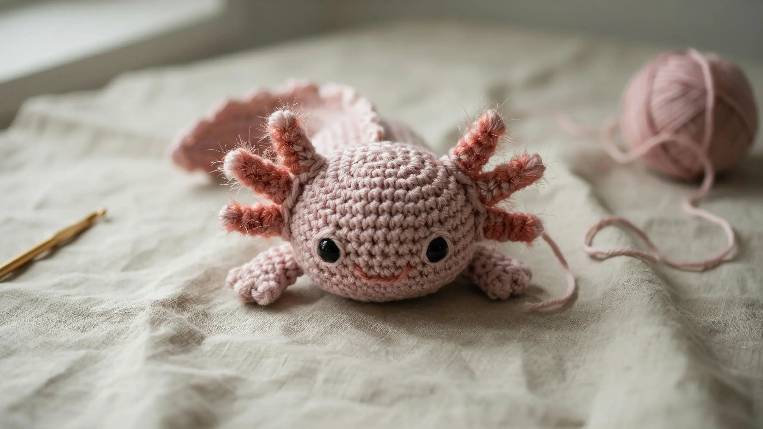 Crochet axolotl with feathery gills and flat face centered