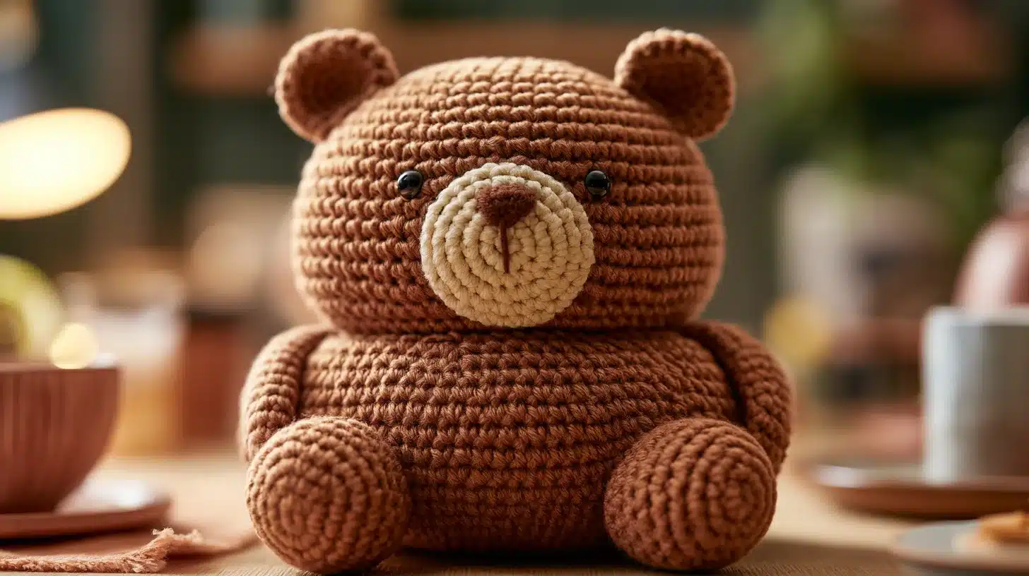ound brown crocbhet bear with lighter snout, sitting upright on a tabletop