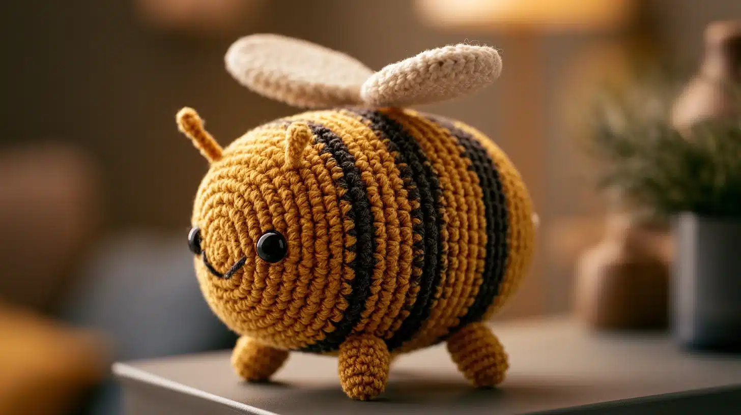 Yellow and black striped crocheted bee with small wings, soft and cheerful plush.