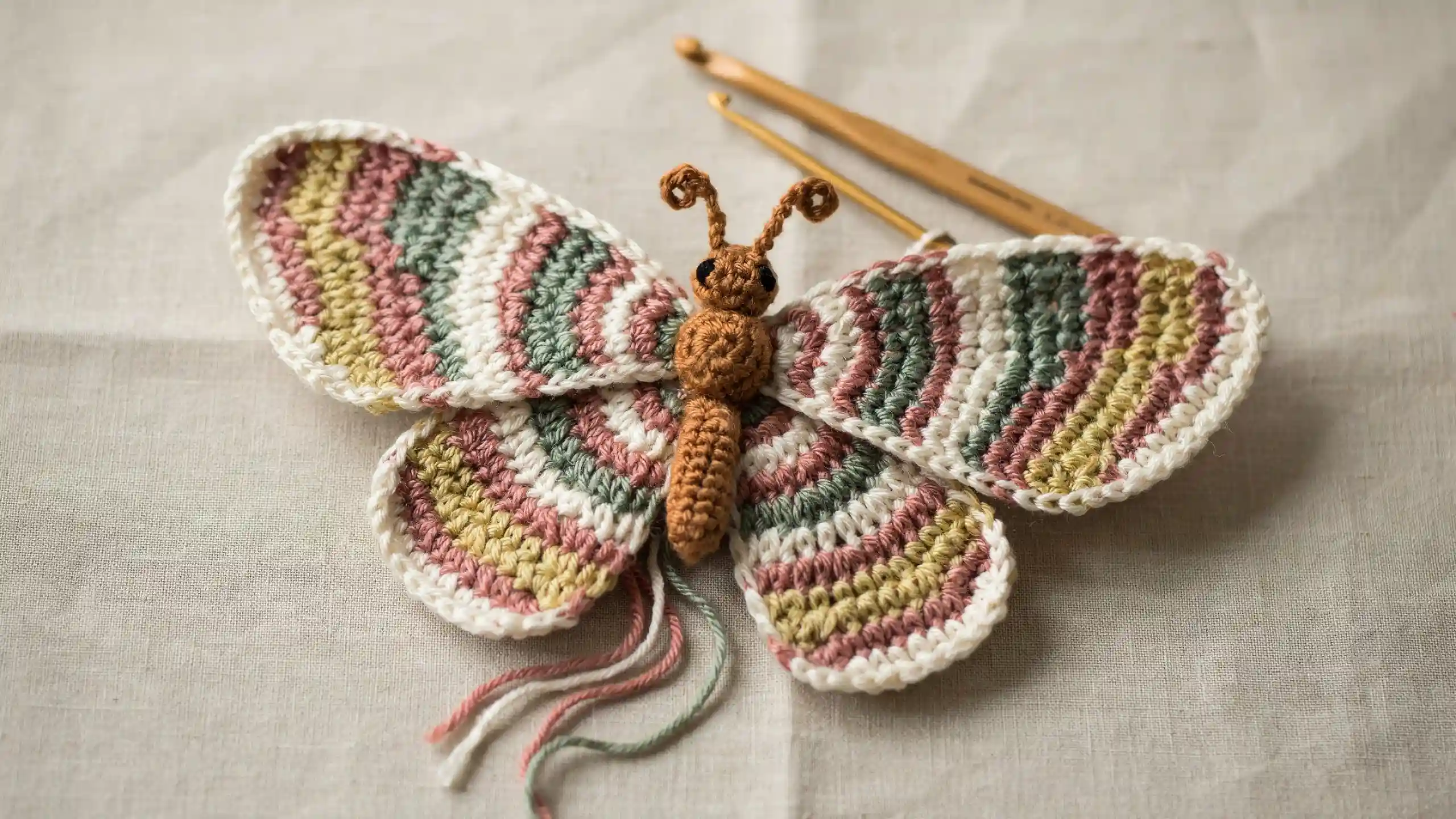Crochet butterfly with flat wings and small body centered