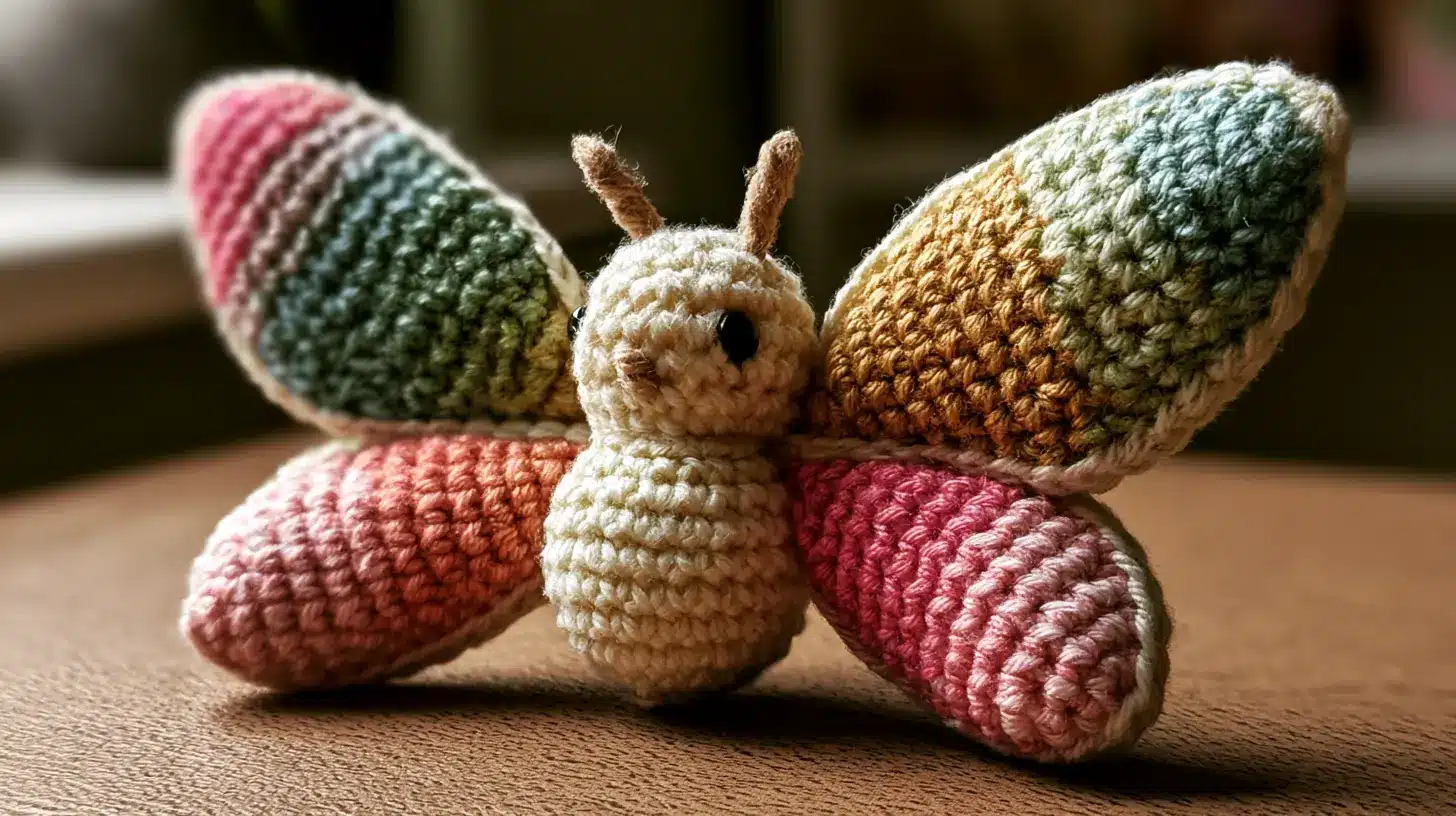 Handcrafted crochet butterfly with multicolor wings and tiny body, decorative plush toy.