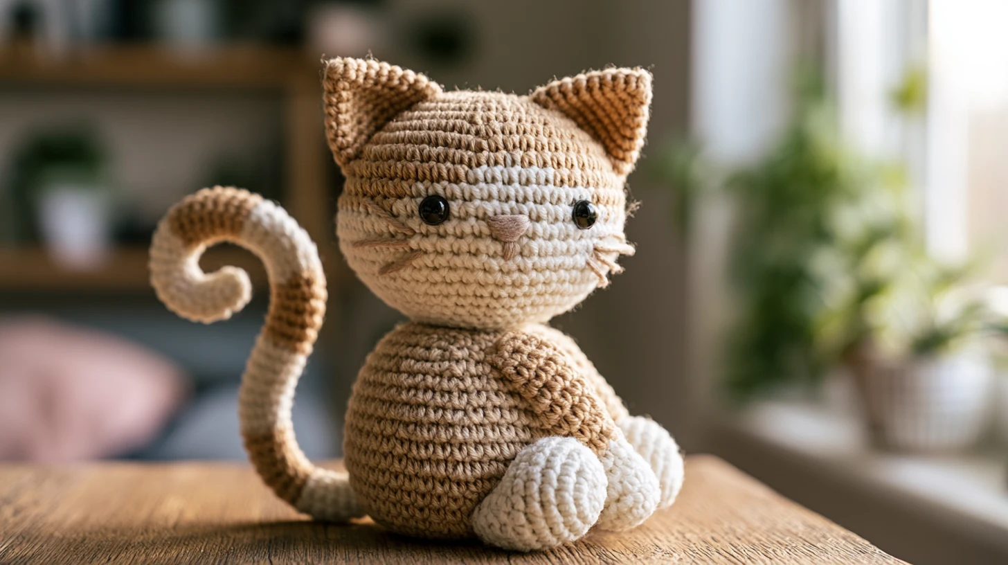 Beige and brown crocheted cat with curled tail and soft body, handmade plush.