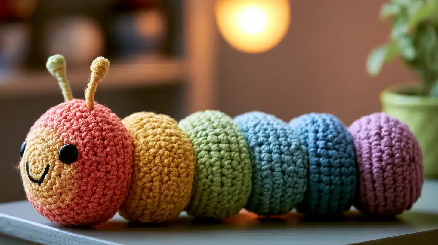 Colorful crocheted caterpillar with smiling face and six textured segments, playful design.