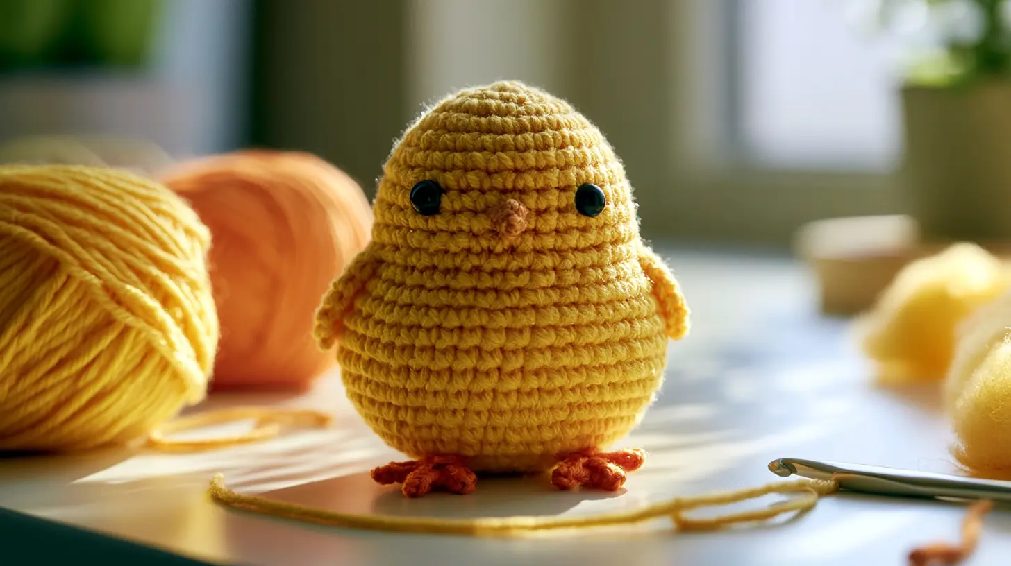 Round yellow crocheted chick with tiny wings, next to yarn balls and crochet hooks.