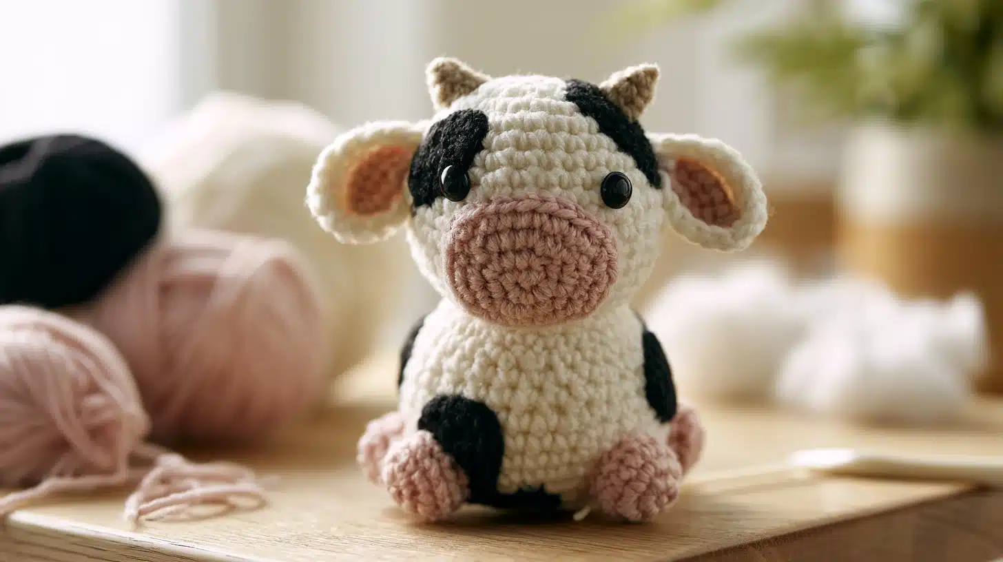 White and black crocheted cow with pink snout, sitting on a wooden surface near yarn.