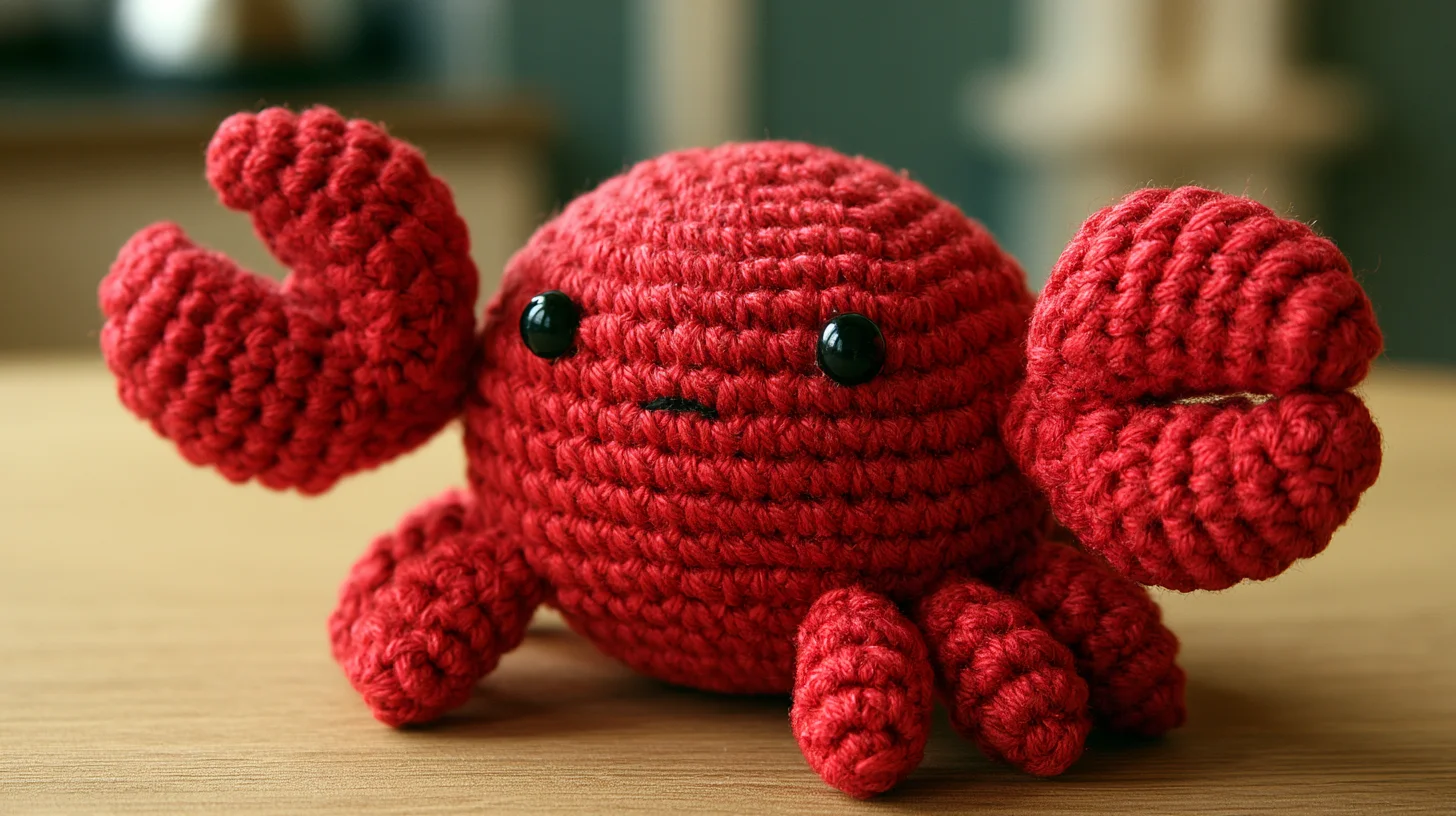 Red crocheted crab with claws and round body, whimsical handmade plush.