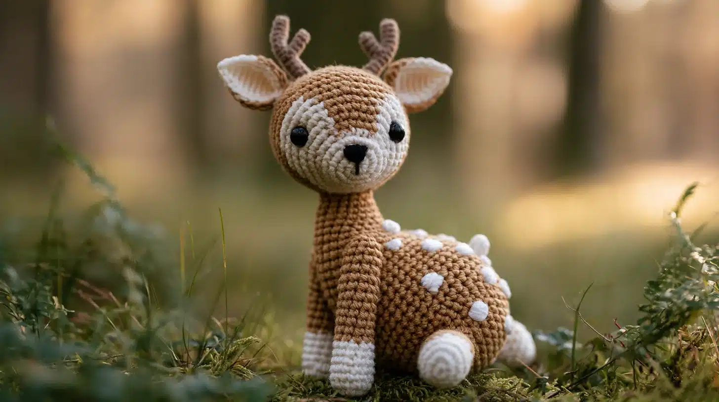 Light brown crocheted deer with white spots, sitting outdoors on grass.